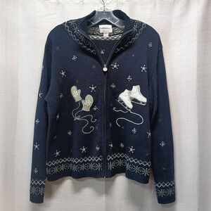 Christopher & Banks Hand Embroidered Full Zip Sweater Ice Skate Winter Mitten XL